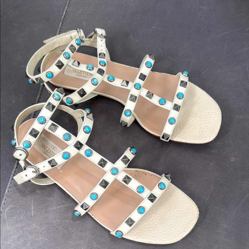Valentino Garavani Cream Leather Studded Sandals with Turquoise Accents